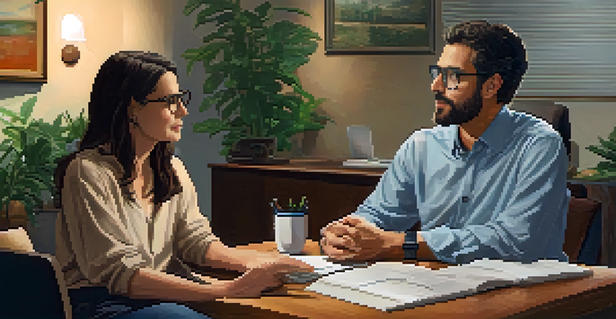 A mental health counselor and a young adult engaged in a supportive conversation in a cozy office with warm lighting and plants.