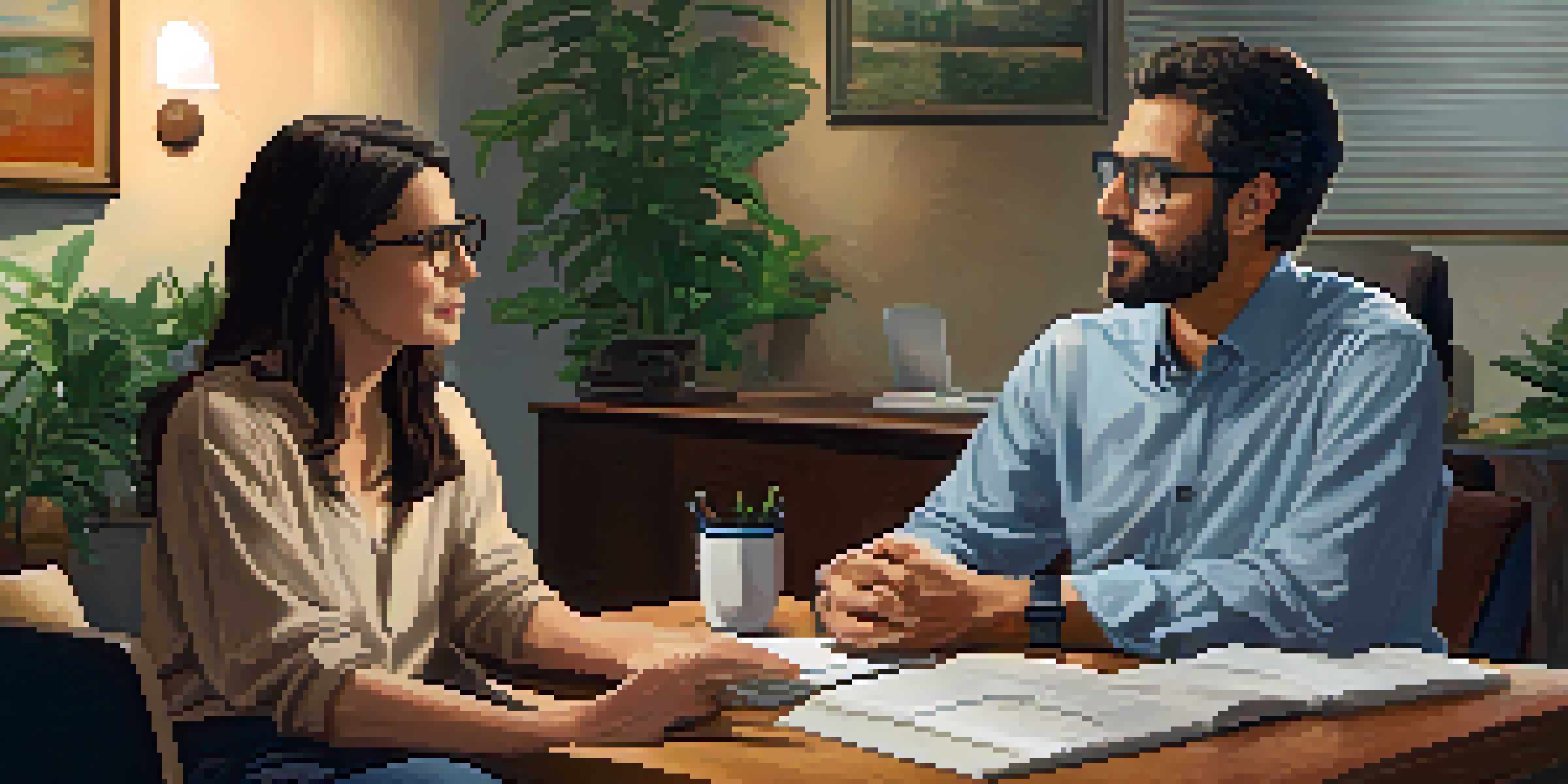 A mental health counselor and a young adult engaged in a supportive conversation in a cozy office with warm lighting and plants.
