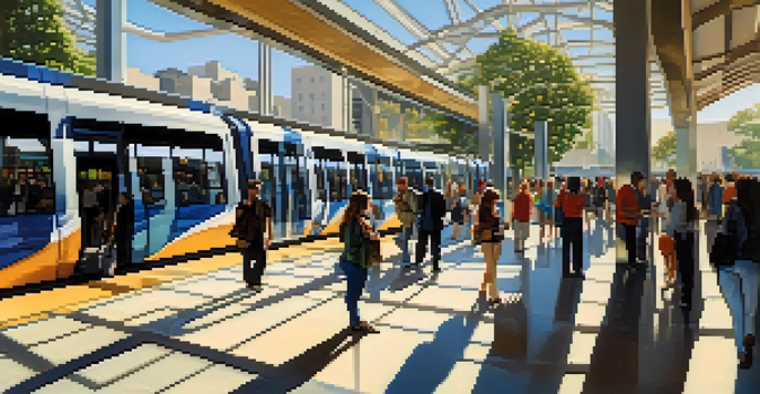 A busy light rail station in San Jose with commuters, modern architecture, and bright sunlight.