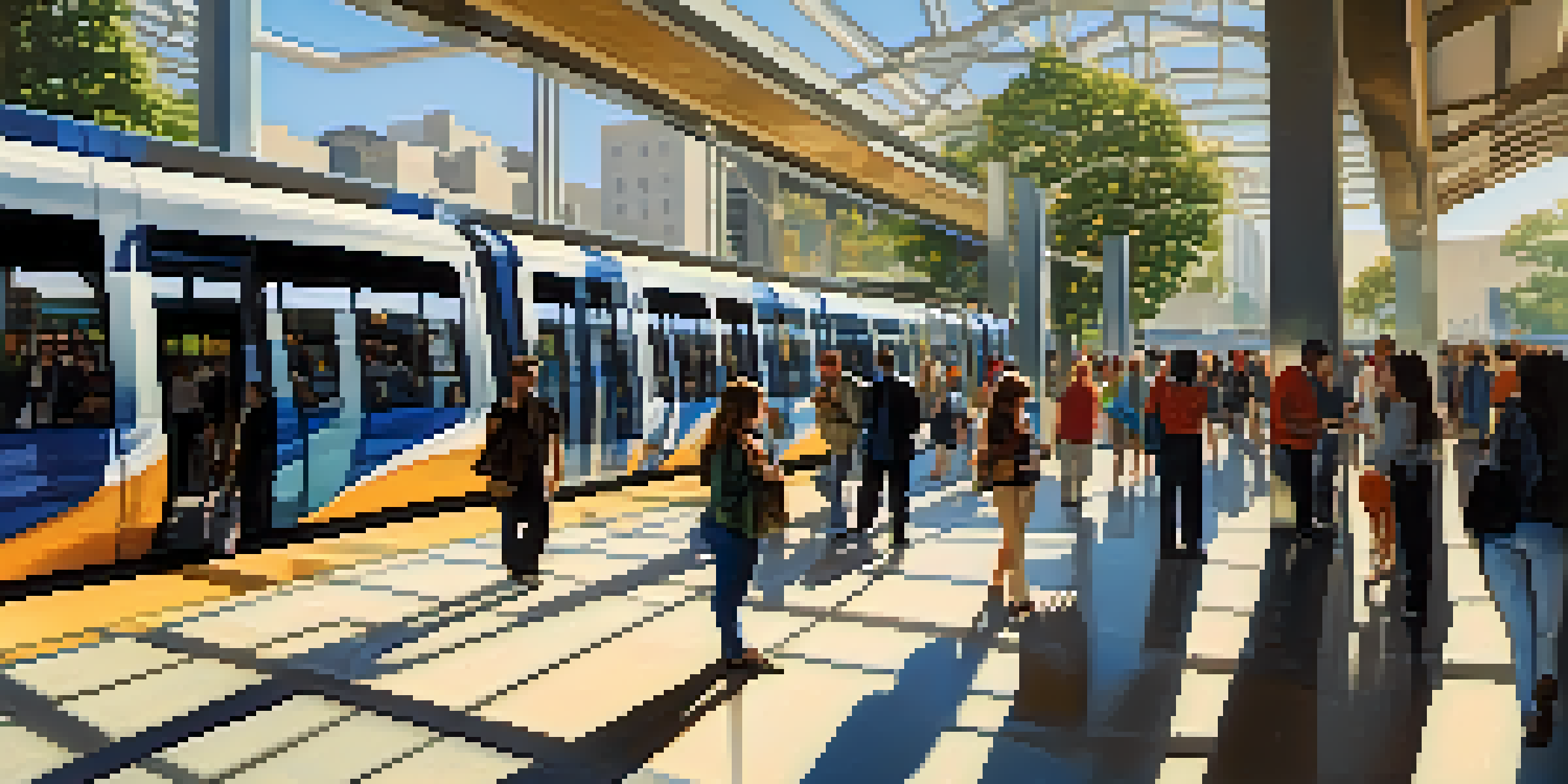 A busy light rail station in San Jose with commuters, modern architecture, and bright sunlight.