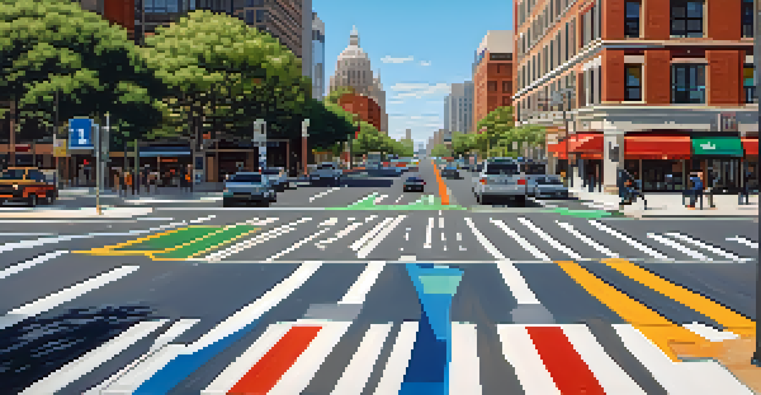 A close-up of a cyclist-friendly intersection with traffic signals, road markings, and a protected bike lane against modern buildings.