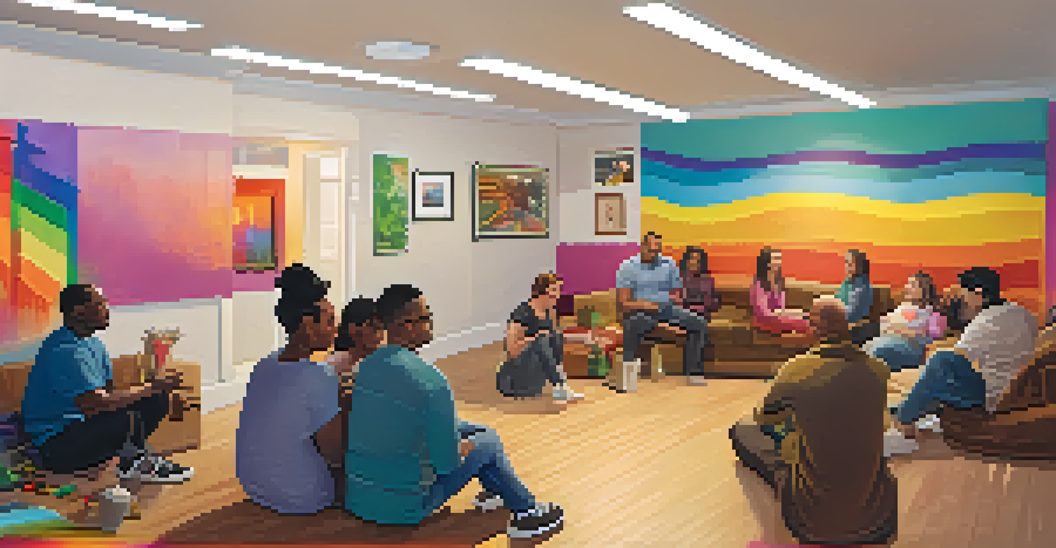 An inviting community center interior with comfortable seating, colorful artwork, and a group of people engaged in conversation.