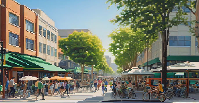 A lively urban area in San Jose with people walking and biking, modern buildings, shops, and parks around a transit station, all under warm sunlight.