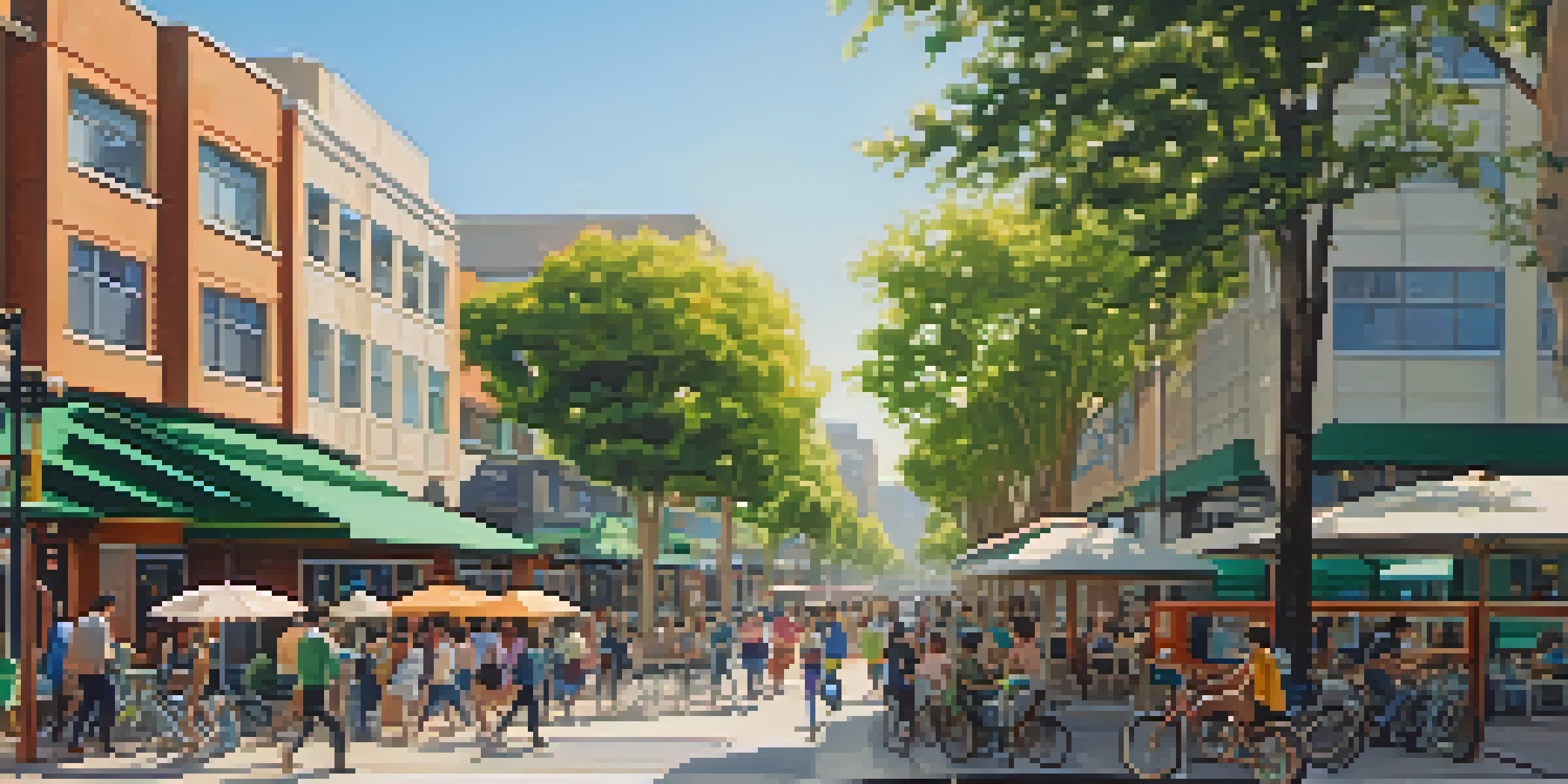 A lively urban area in San Jose with people walking and biking, modern buildings, shops, and parks around a transit station, all under warm sunlight.