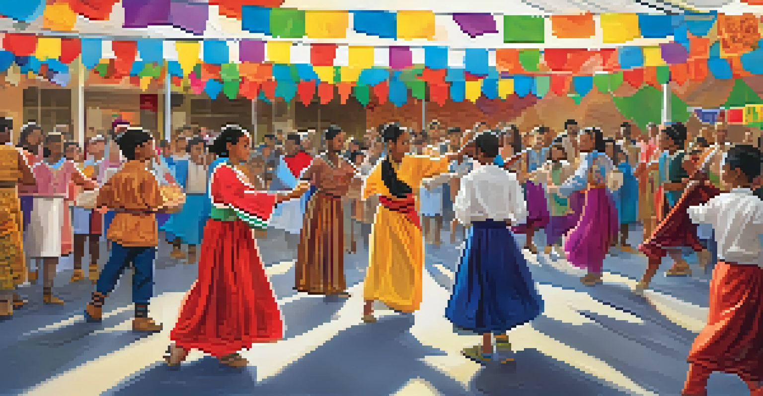 Students in traditional clothing celebrating multiculturalism at a school festival, surrounded by decorations and food stalls.