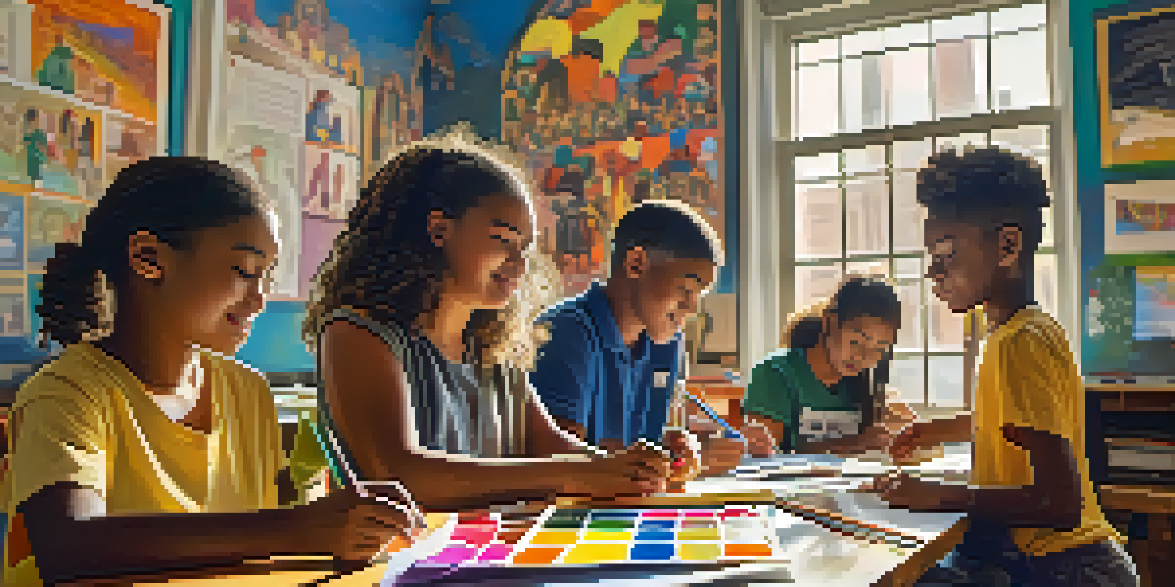 A diverse group of students working together in a colorful classroom, making traditional masks from different cultures with sunlight streaming in.