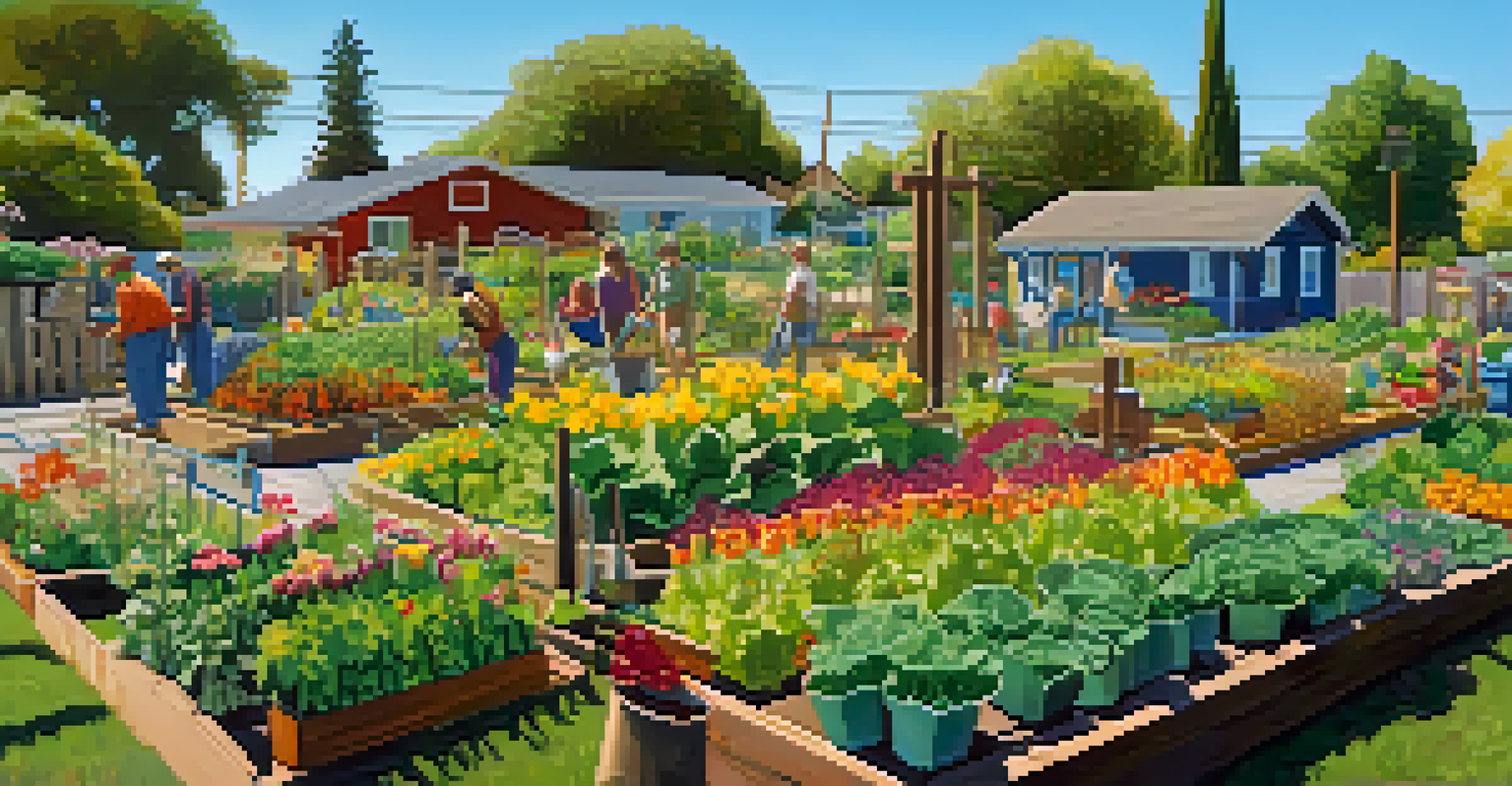 A close-up of a community garden in San Jose with vegetables and flowers, and residents gardening.
