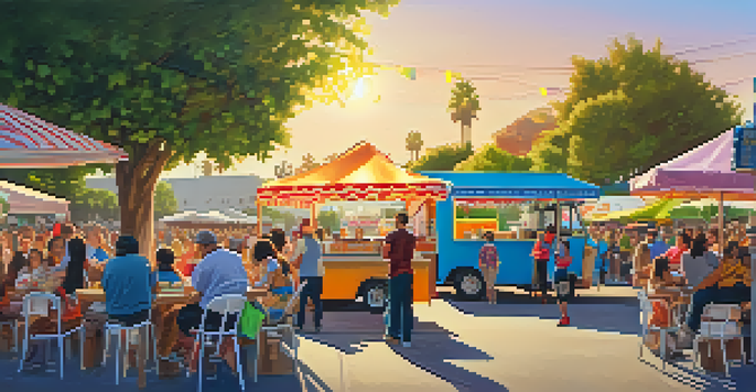 A lively food truck festival with various colorful food trucks, people enjoying food, and a warm sunset.