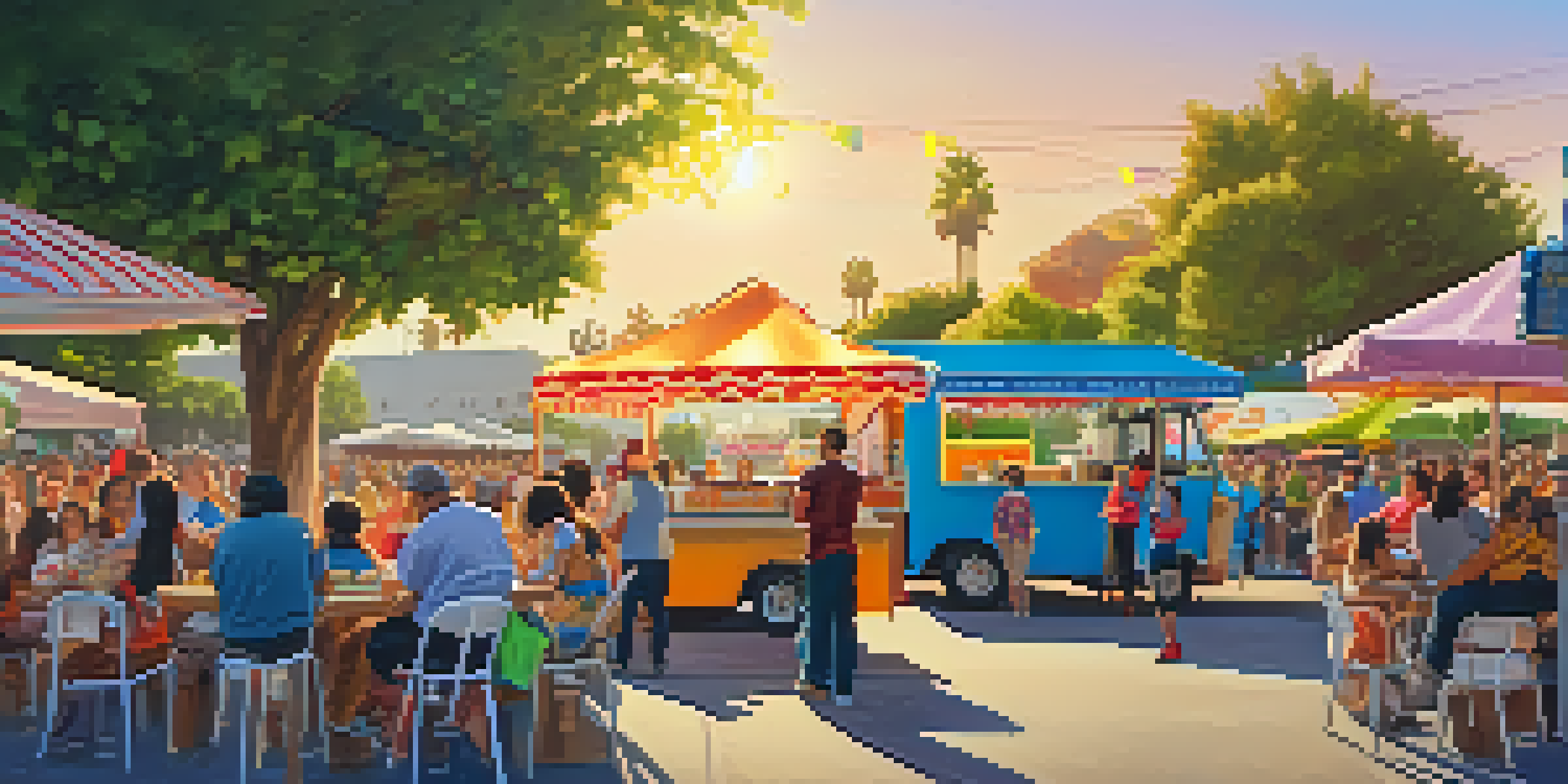 A lively food truck festival with various colorful food trucks, people enjoying food, and a warm sunset.