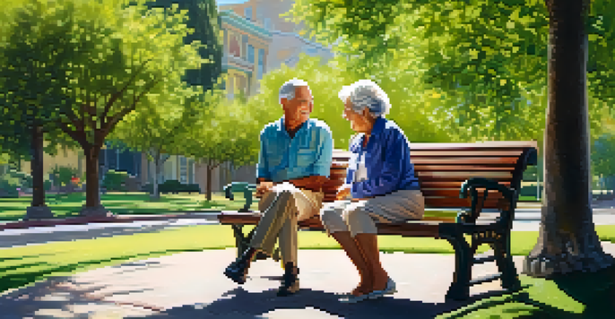An elderly couple enjoying a conversation on a park bench in a green park, with sunlight filtering through the trees.