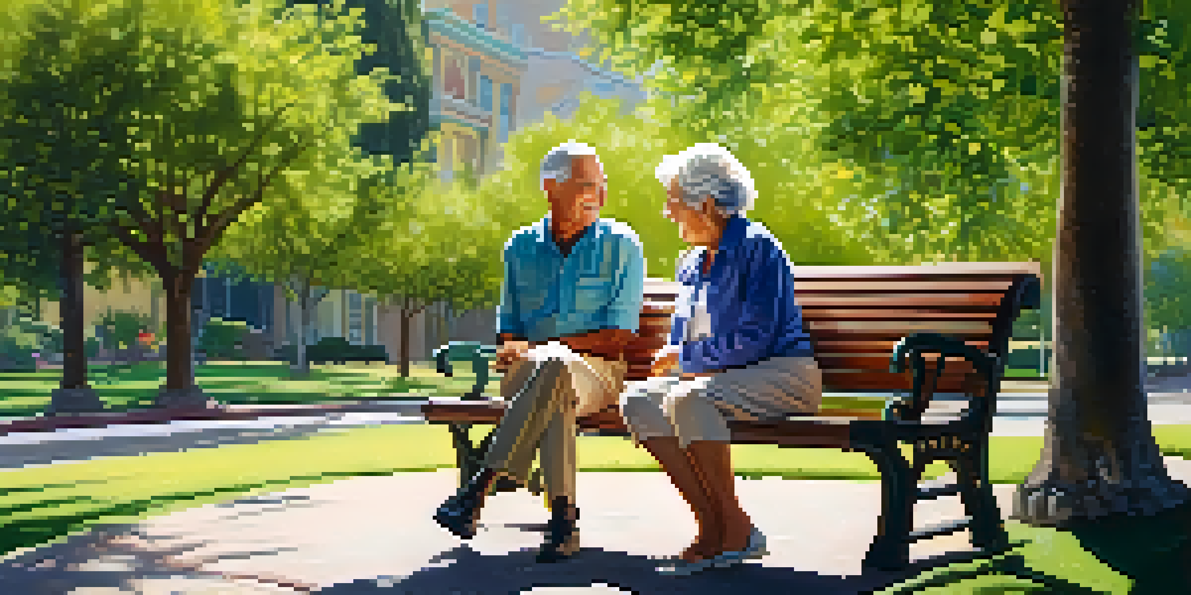 An elderly couple enjoying a conversation on a park bench in a green park, with sunlight filtering through the trees.
