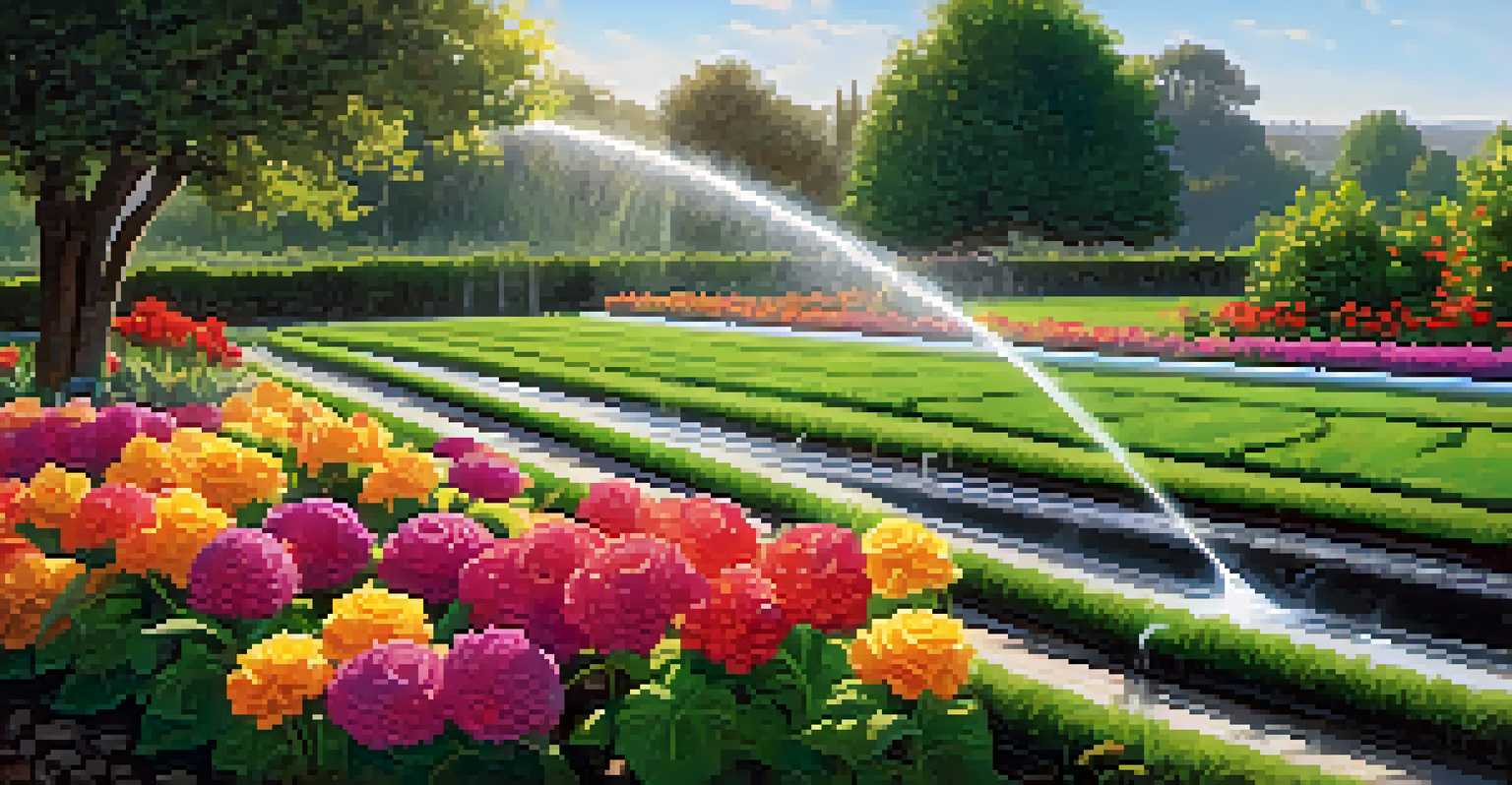 A close-up of a smart irrigation system with sensors in a garden, showcasing vibrant flowers and greenery.