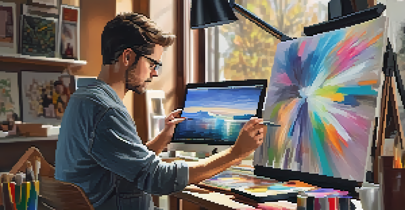 An artist in a cozy studio using digital technology alongside traditional art materials to create a masterpiece.