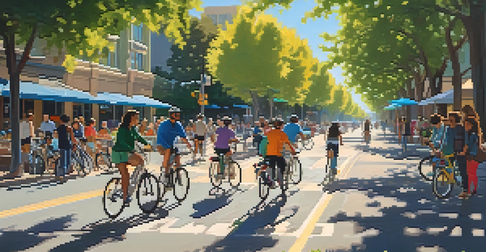 A lively city street in San Jose with cyclists in dedicated bike lanes, bike-sharing stations, and green trees under warm sunlight.