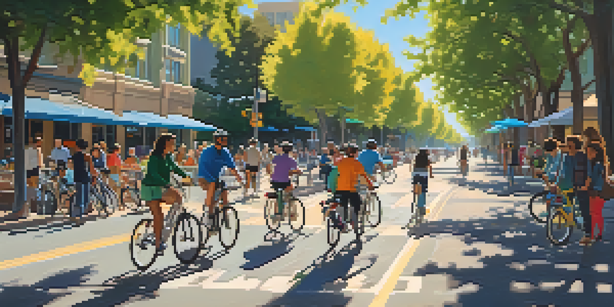 A lively city street in San Jose with cyclists in dedicated bike lanes, bike-sharing stations, and green trees under warm sunlight.