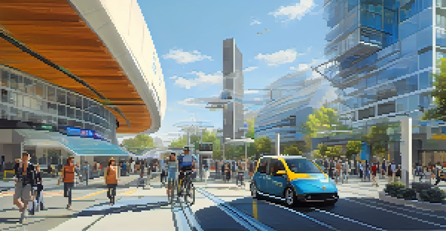 A futuristic transportation hub in San Jose with autonomous vehicles, smart traffic signals, and pedestrians, all set under bright, clear skies.