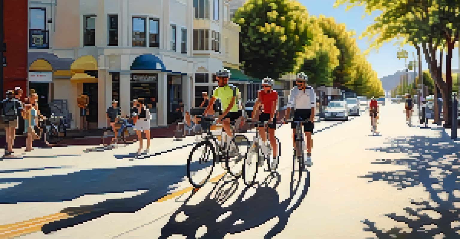 A bright street scene in San Jose with cyclists and pedestrians on cool pavements.