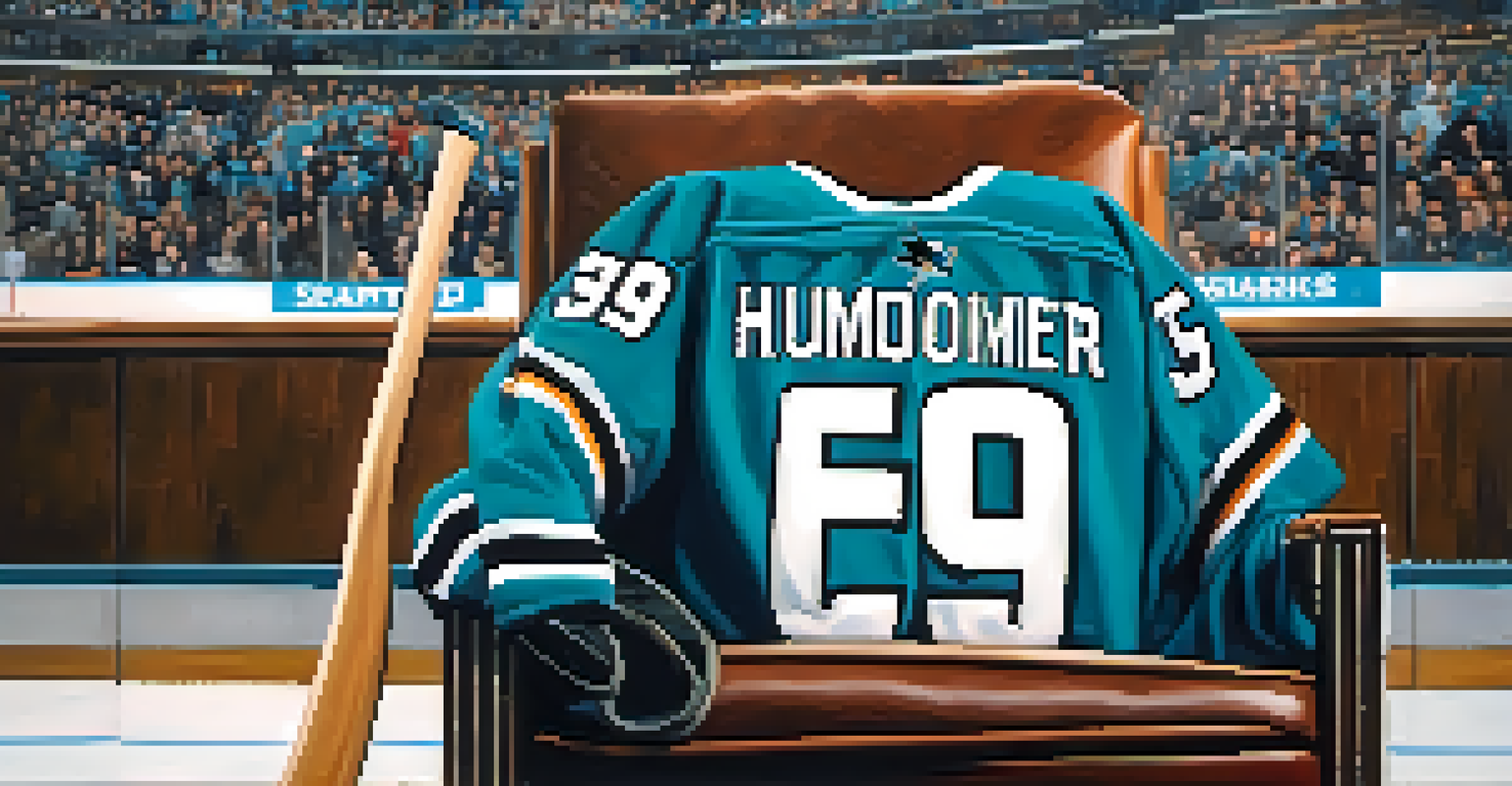 A close-up of a San Jose Sharks jersey on a chair with a hockey stick in the background, symbolizing the anticipation of a game.