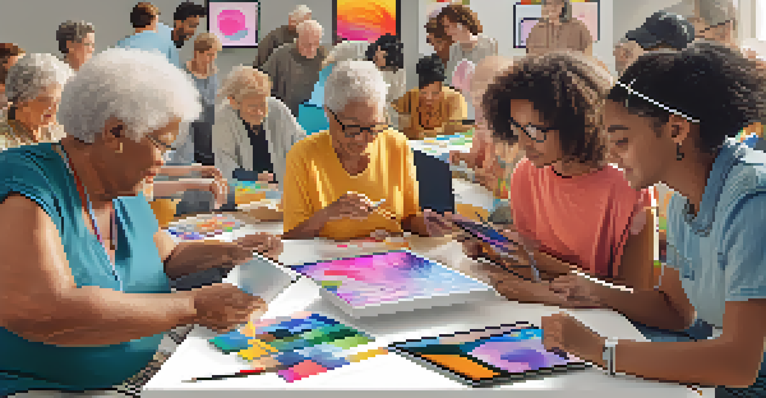 A diverse group of seniors and youth working together on digital art in a modern workshop, surrounded by colorful materials.