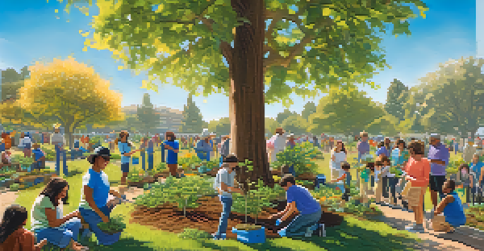 A lively scene of community members planting trees in a park, with sunlight filtering through the leaves and flowers blooming around them.