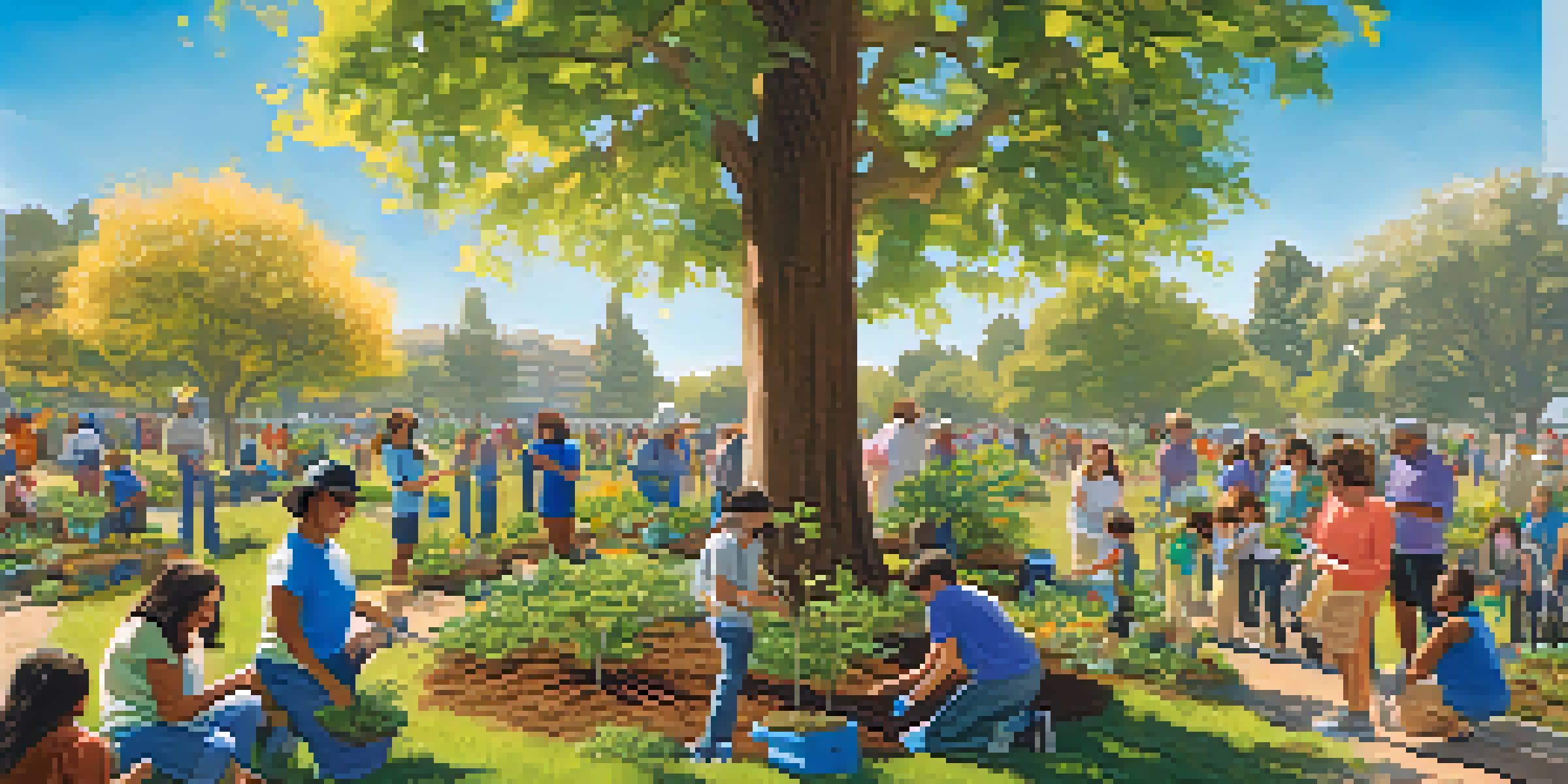 A lively scene of community members planting trees in a park, with sunlight filtering through the leaves and flowers blooming around them.