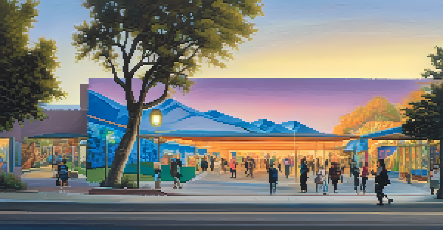 Outdoor murals of the San Jose Museum of Art illuminated at dusk, with people walking by.