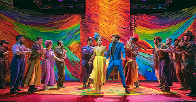 A modern theater stage with colorful lighting and digital projections, actors in costumes engaging with the audience.