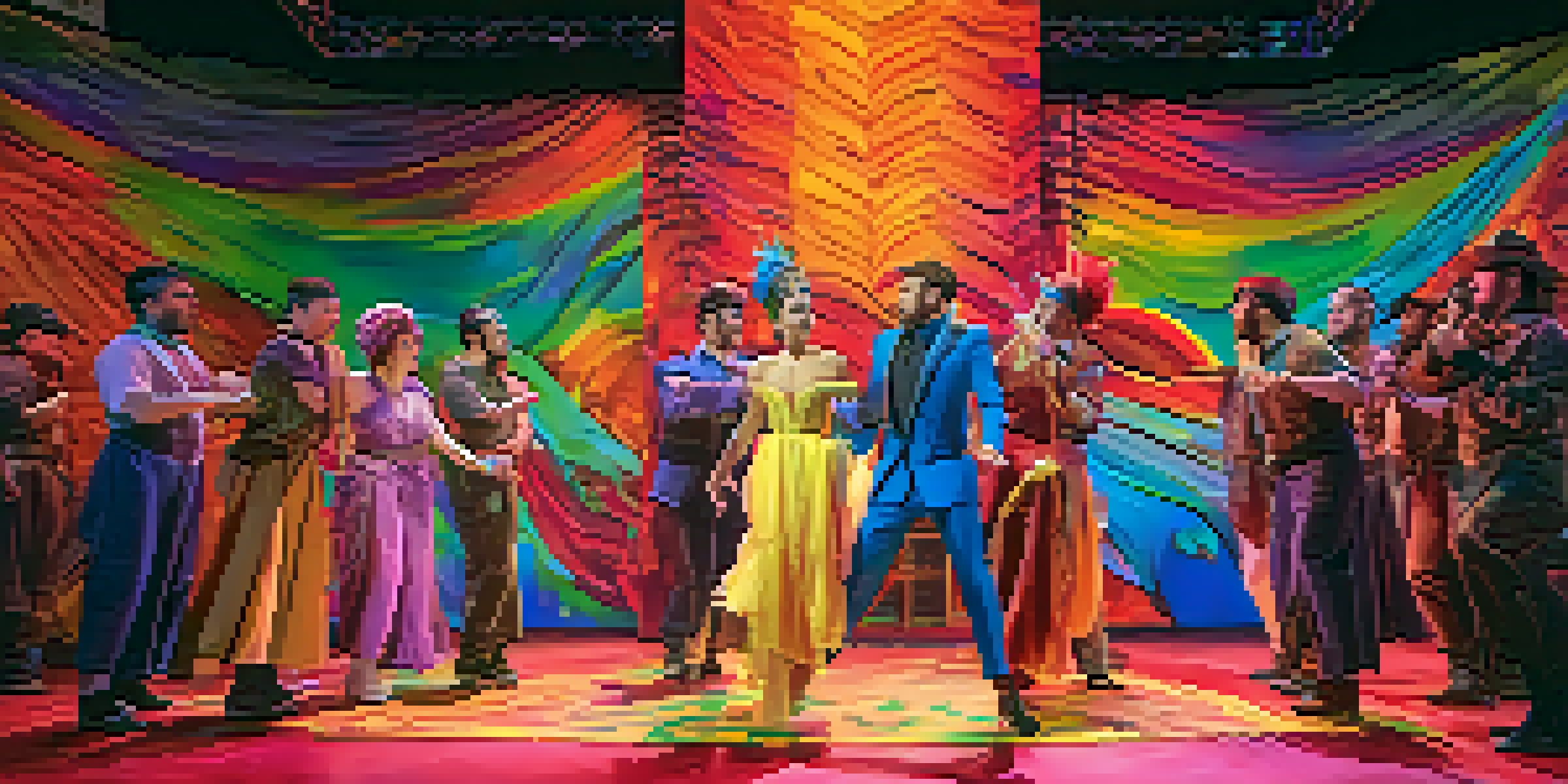 A modern theater stage with colorful lighting and digital projections, actors in costumes engaging with the audience.