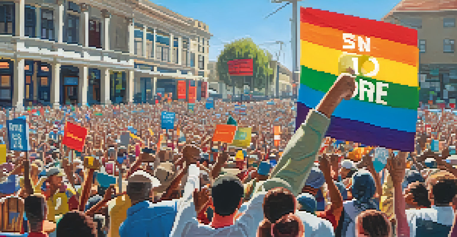 A close-up of a hand holding a sign that reads 'Housing is a Right' at a rally in San Jose, with a crowd and colorful signs in the background.