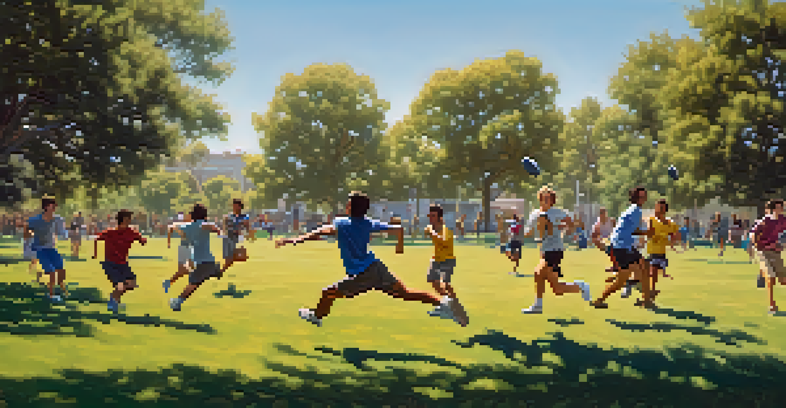 Players engaged in an Ultimate Frisbee game in a sunny park, showcasing dynamic movement and teamwork.