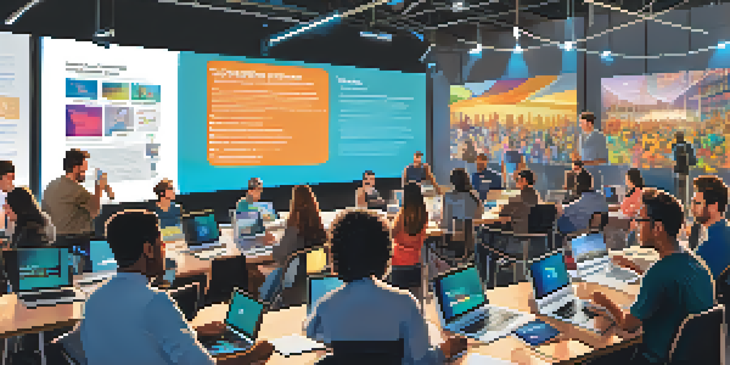 A vibrant tech meetup featuring diverse individuals discussing technology, surrounded by startup banners and a large screen displaying ideas.