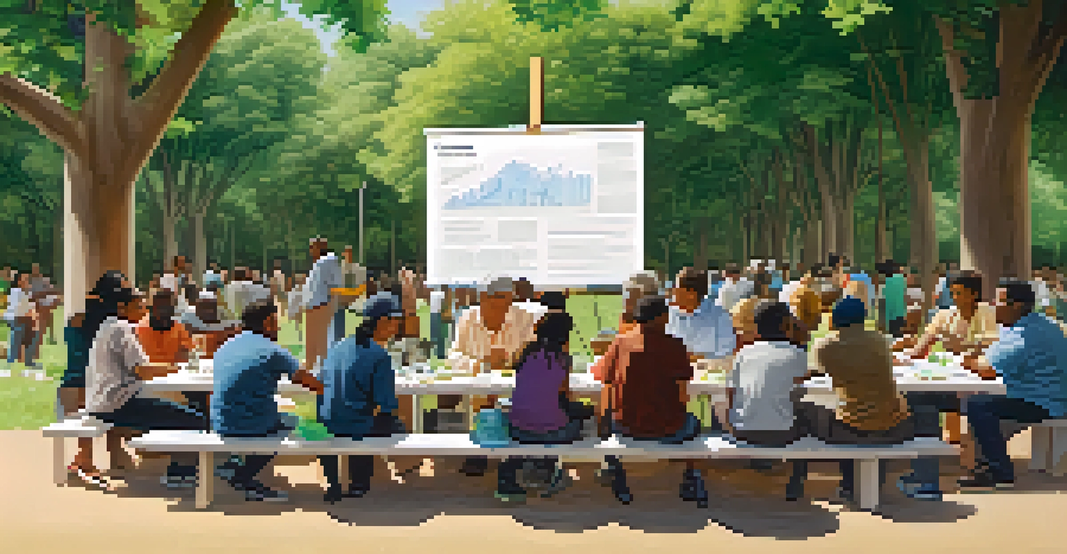 A group of community members discussing environmental policies at a park table, surrounded by charts and posters.