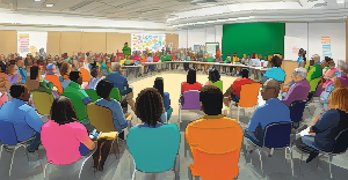 A diverse group of residents participating in a town hall meeting about affordable housing, with colorful banners and a whiteboard in the background.