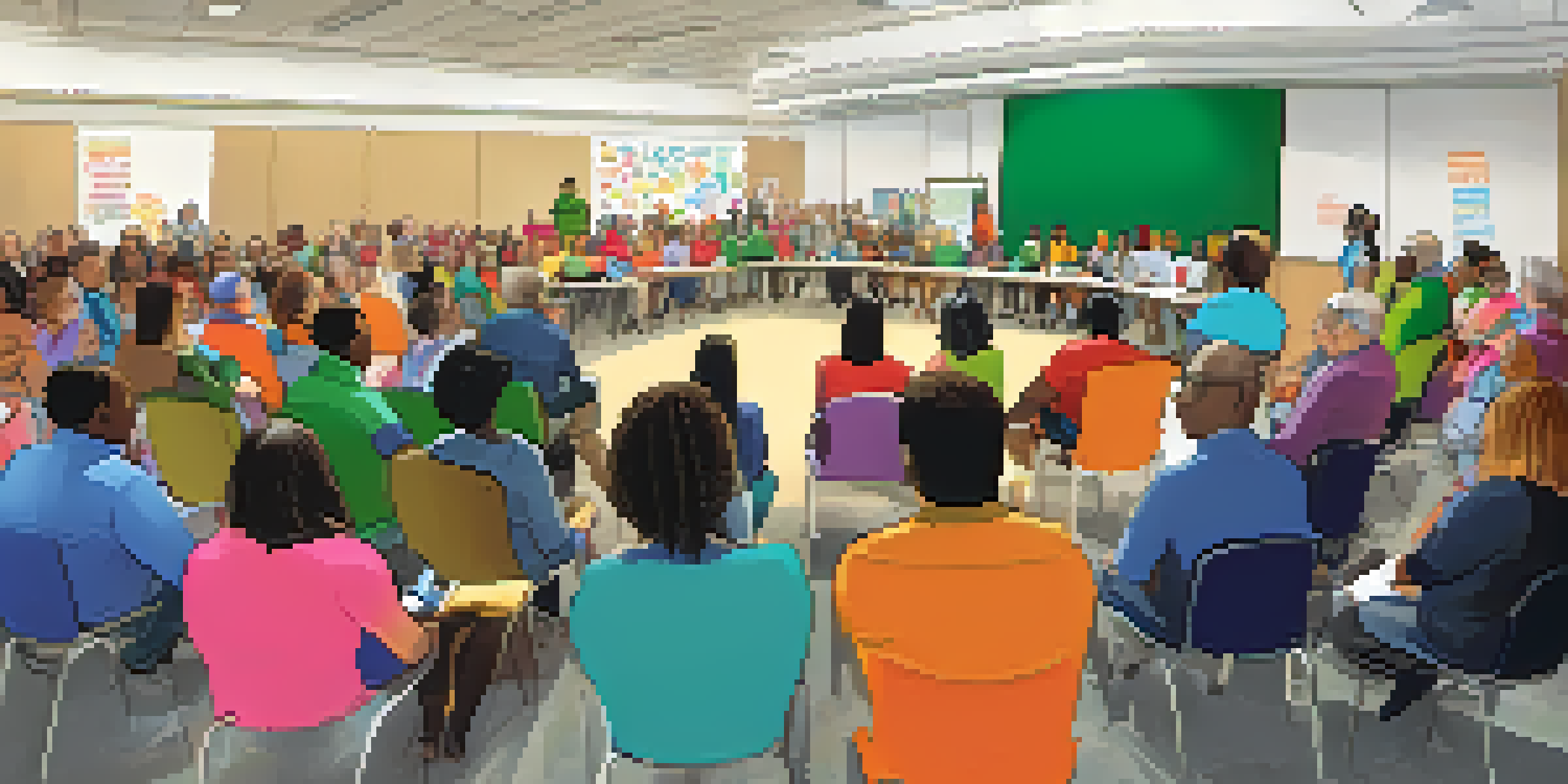 A diverse group of residents participating in a town hall meeting about affordable housing, with colorful banners and a whiteboard in the background.