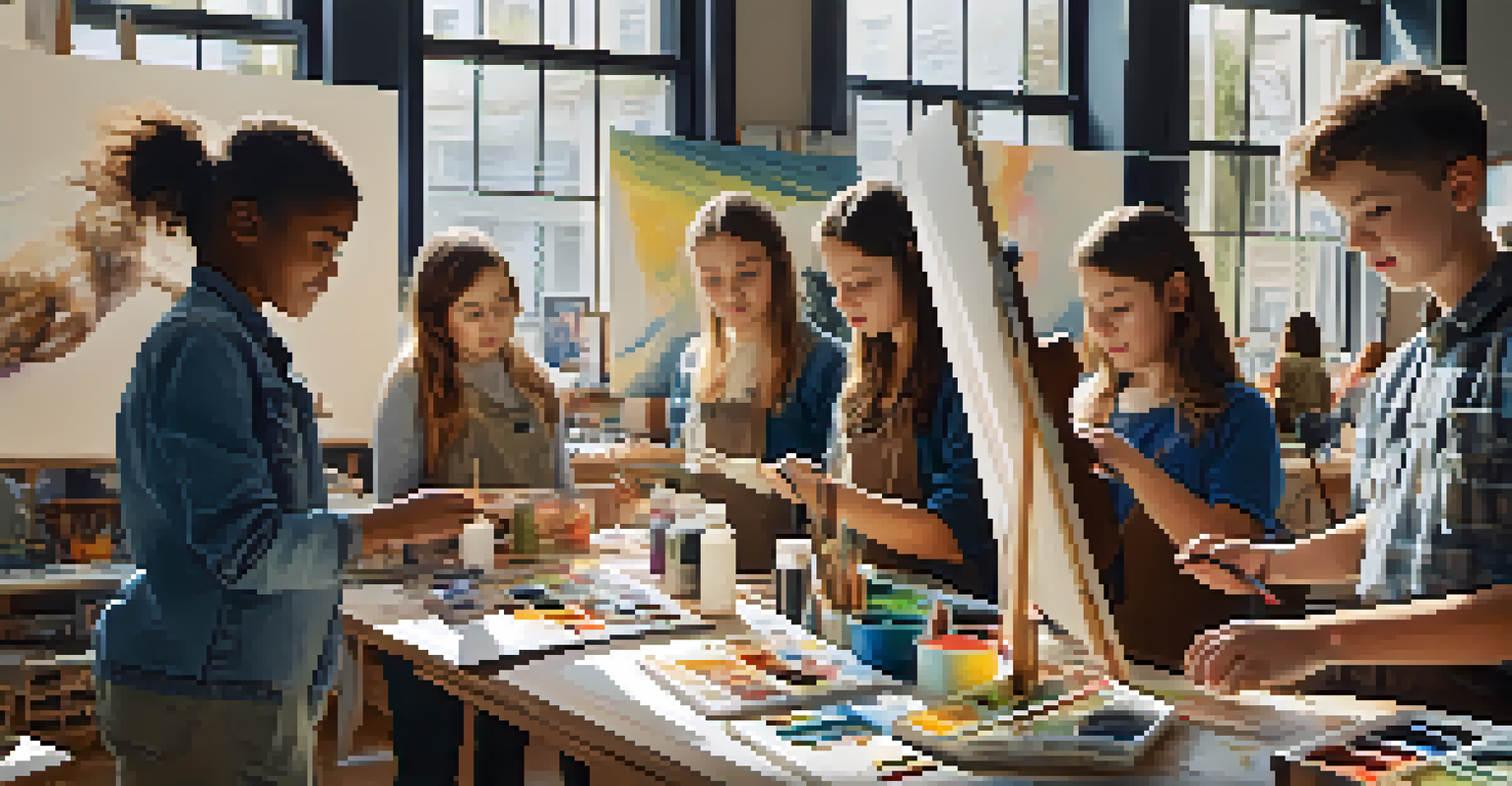 Young artists engaged in a workshop, surrounded by art supplies and their creations, highlighting creativity and collaboration.