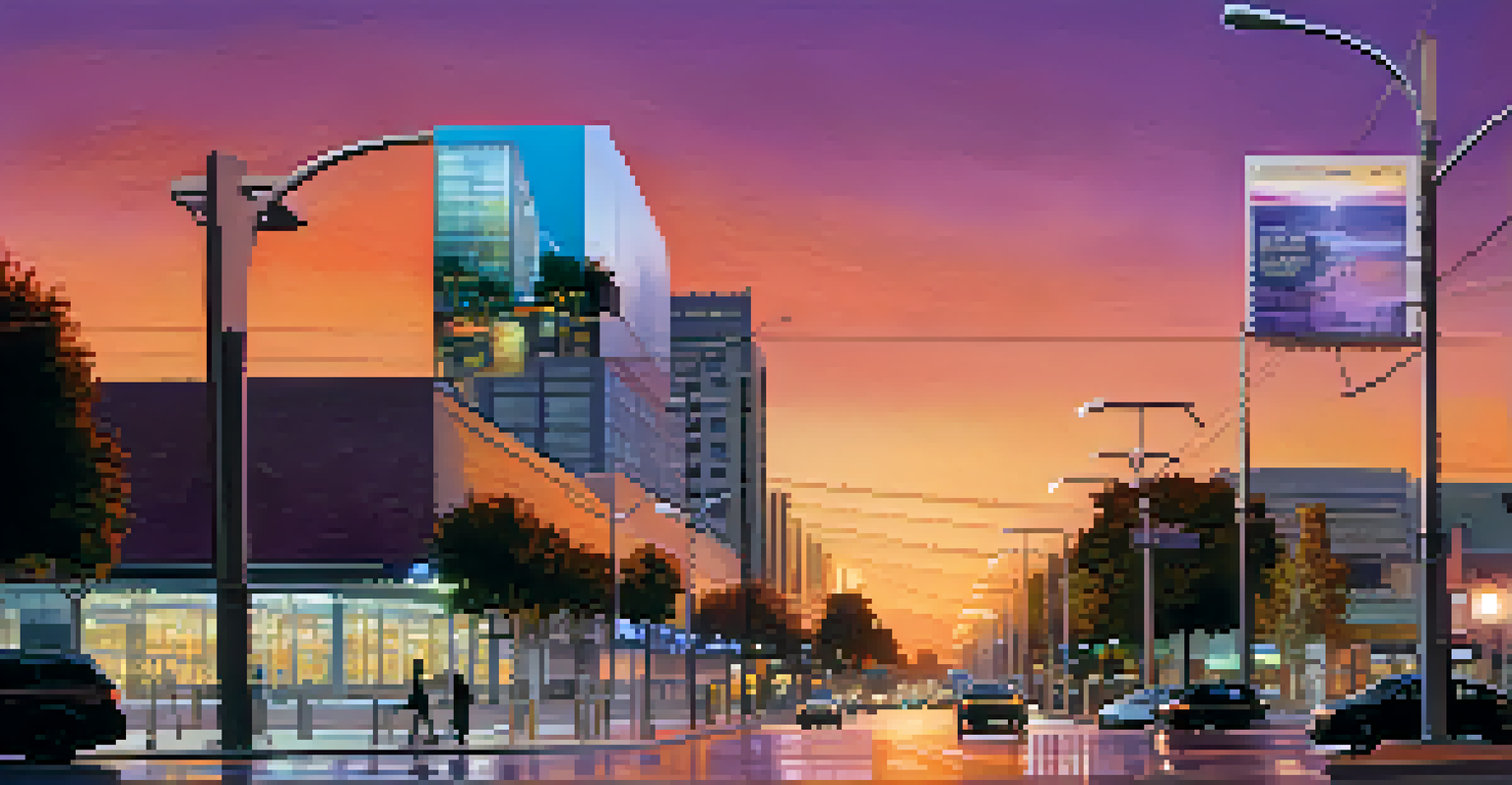 San Jose urban landscape at dusk with digital billboards about mental health resources and people walking by.