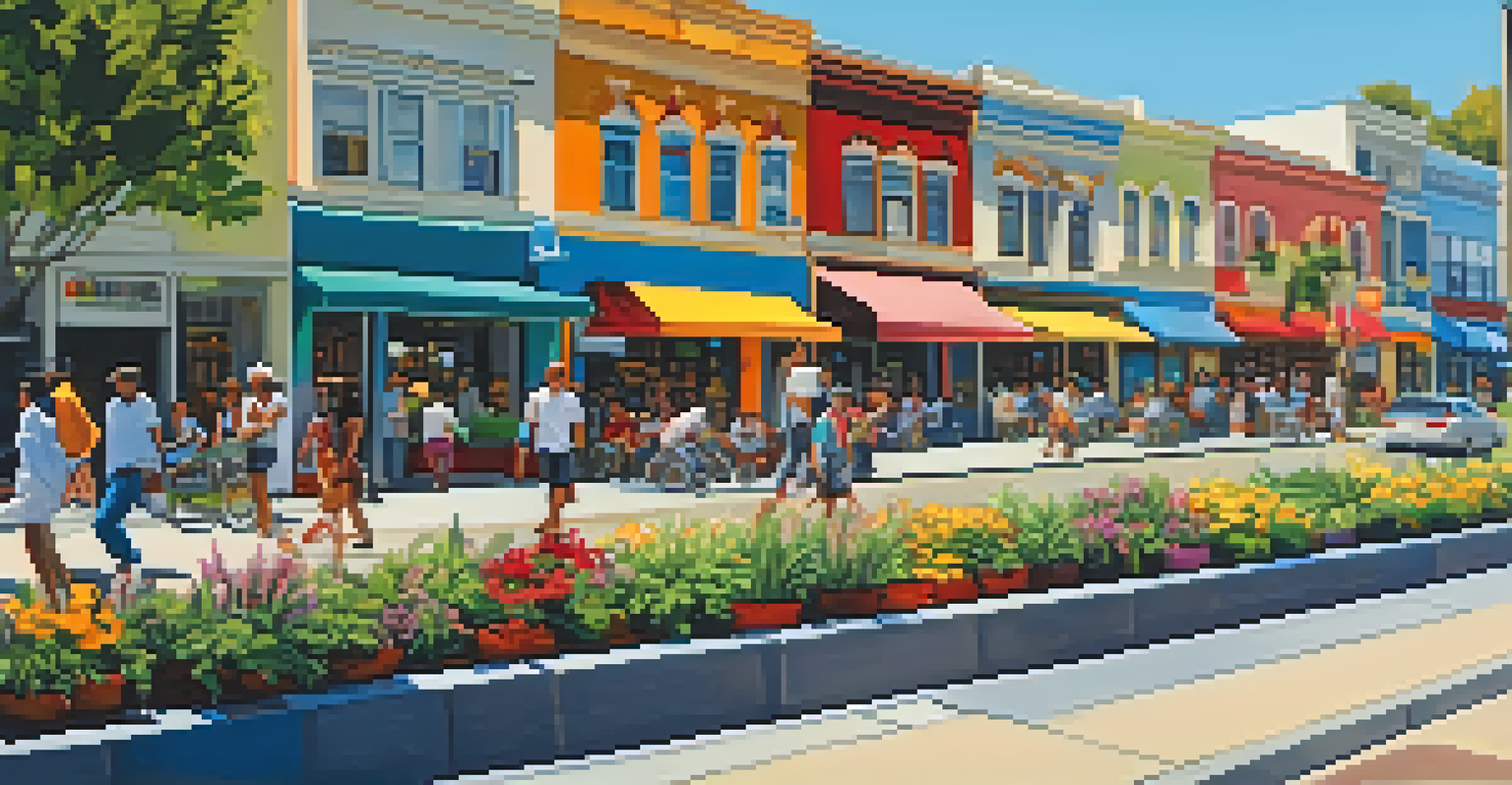 A lively modern street in San Jose with diverse people, colorful murals, and outdoor cafes under a blue sky.