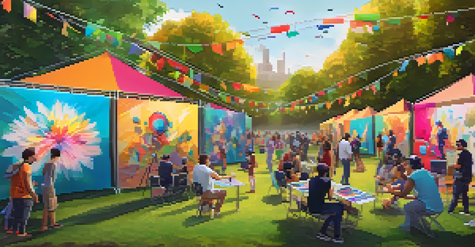 A lively outdoor park event showcasing digital art, with artists presenting their works and visitors engaging in VR experiences.