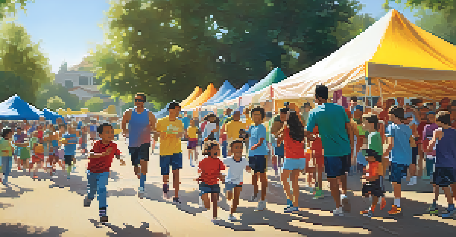 Families gathered at a youth sports event with children participating in activities, colorful tents, and a lively community atmosphere.