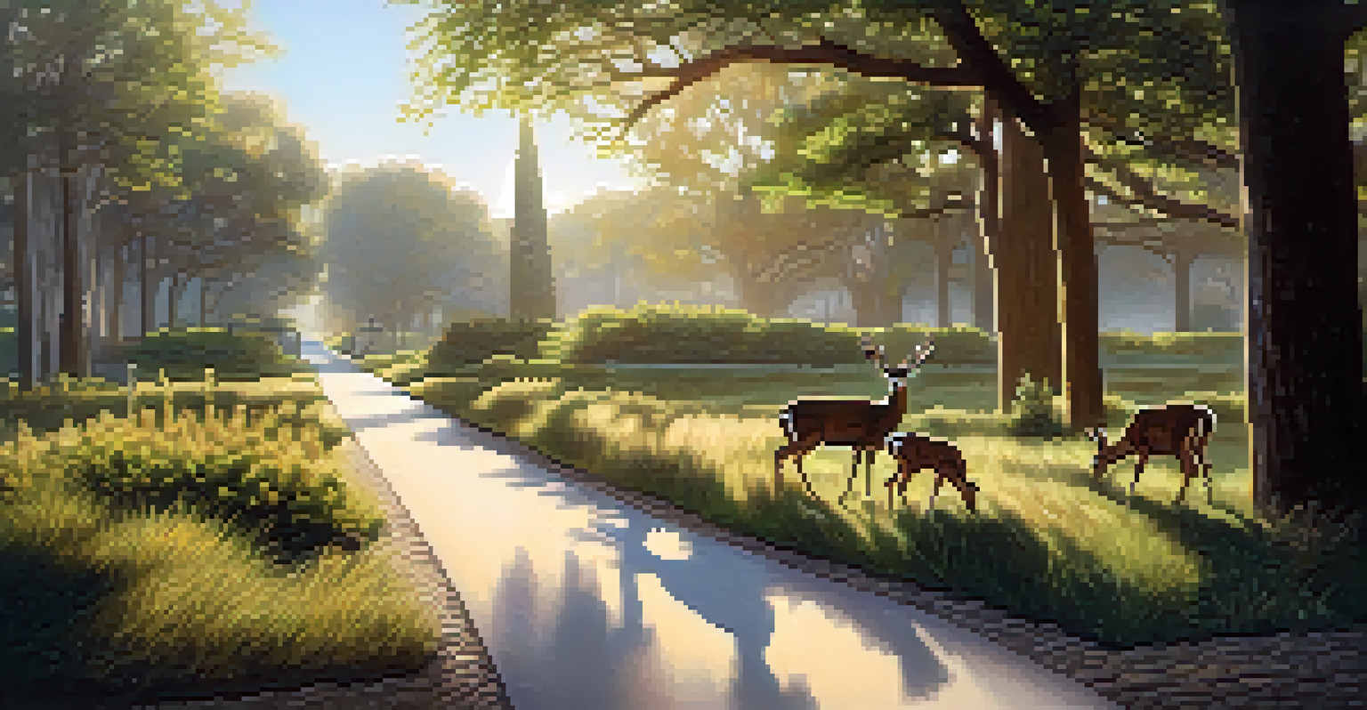 A wildlife corridor in a park with deer crossing, showcasing the connection between habitats in an urban setting.