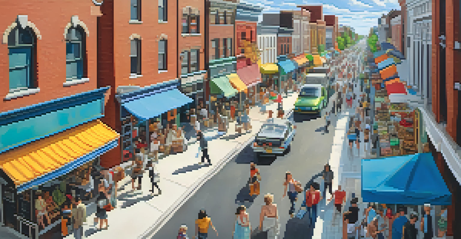 A bustling city street filled with people and colorful shops under a clear blue sky.