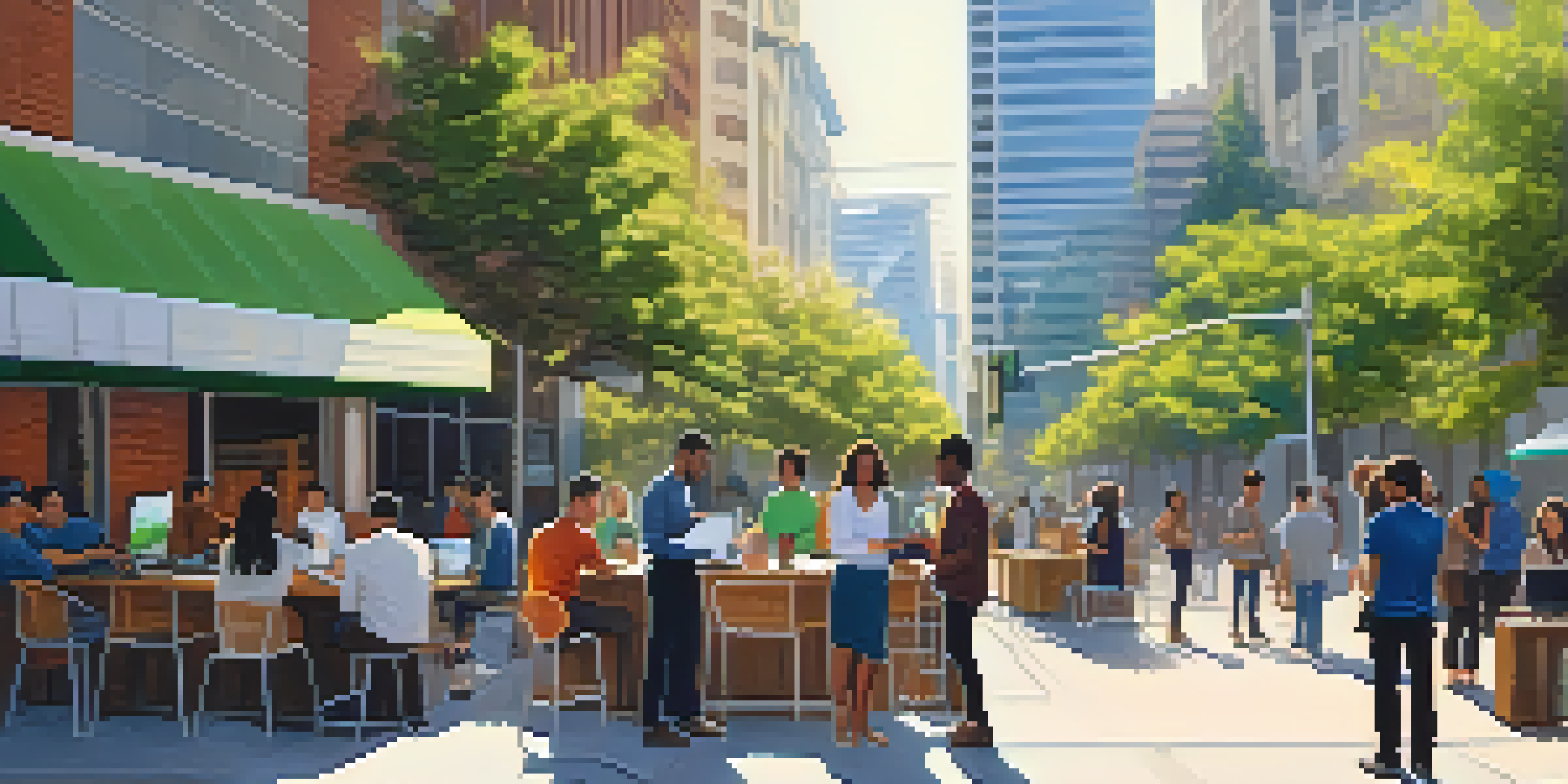 A diverse group of tech entrepreneurs collaborating outdoors in San Jose, with modern buildings in the background.