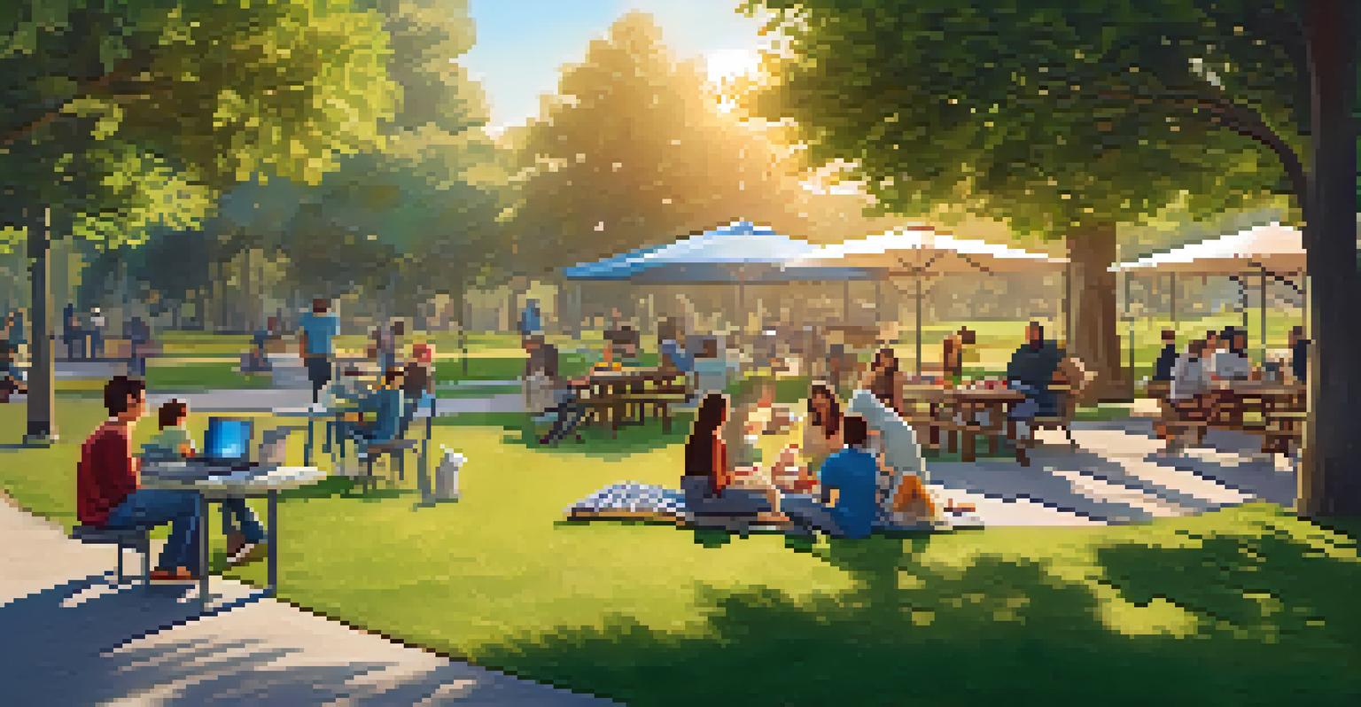 A family having a picnic in a park while discussing financial goals and using a laptop, surrounded by nature.