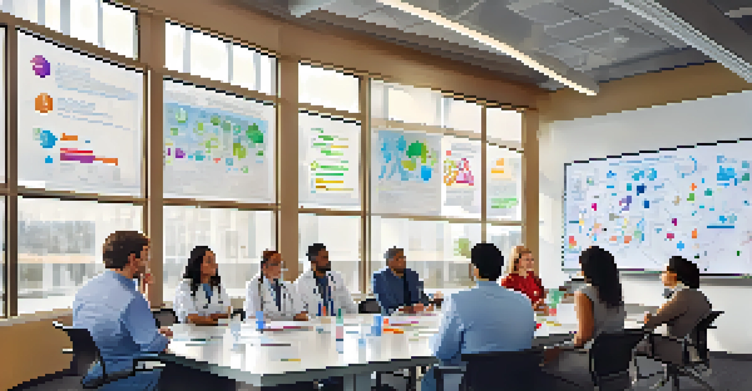 A diverse group of healthcare professionals and biotech innovators brainstorming in a bright conference room filled with natural light and colorful whiteboard diagrams.