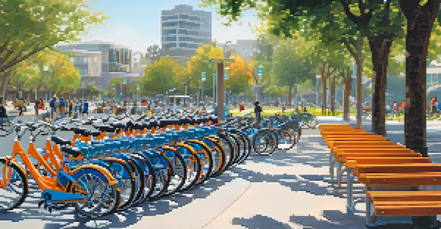 A bike-sharing station with bright bikes in a park, filled with families enjoying outdoor activities, representing a healthy lifestyle and community engagement.
