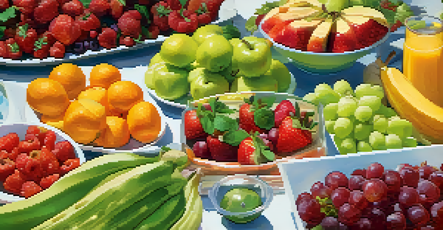 A close-up of a table with colorful fruits and vegetables at a health workshop, showing a health professional demonstrating healthy eating in a cheerful setting.