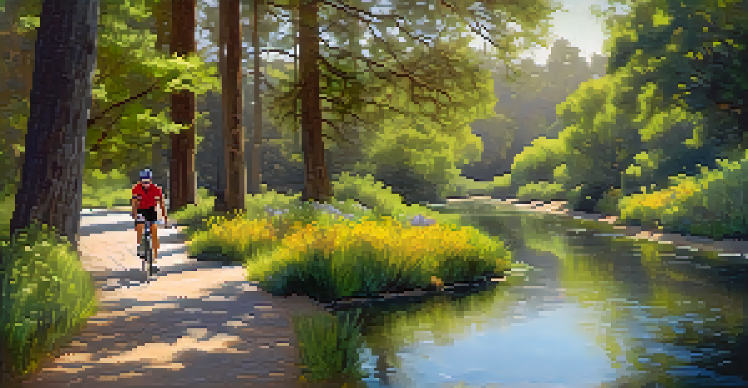 A cyclist riding along a scenic trail beside a creek, surrounded by trees and wildflowers.
