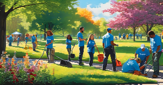 A group of diverse volunteers planting flowers and cleaning a park, with bright colors and sunlight filtering through trees.