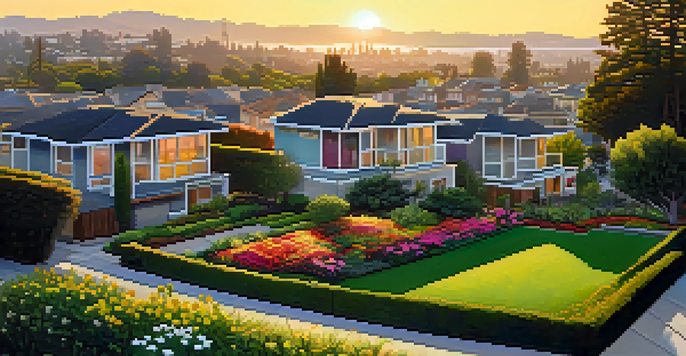 A peaceful San Jose neighborhood with modern homes and blooming gardens under the morning sun.