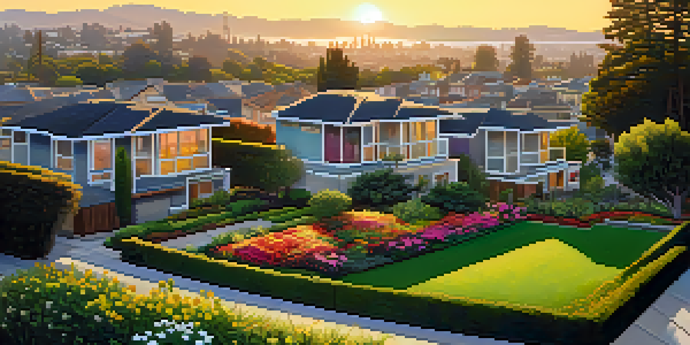 A peaceful San Jose neighborhood with modern homes and blooming gardens under the morning sun.